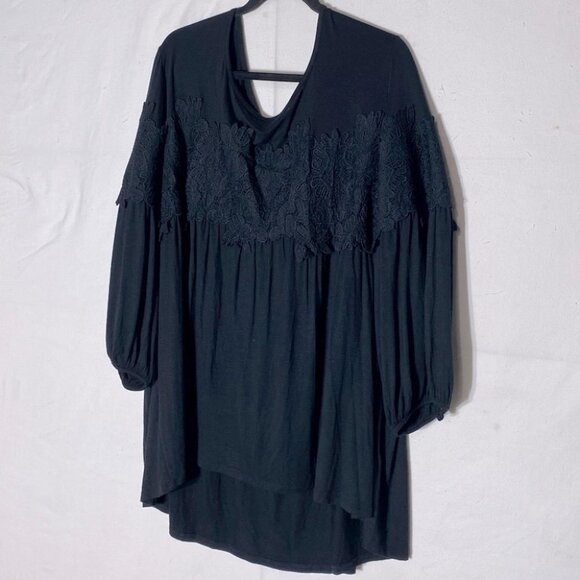 Adiva Tops - Adiva Black Boho Tunic Blouse With Black Floral Lace Appliqué 3X